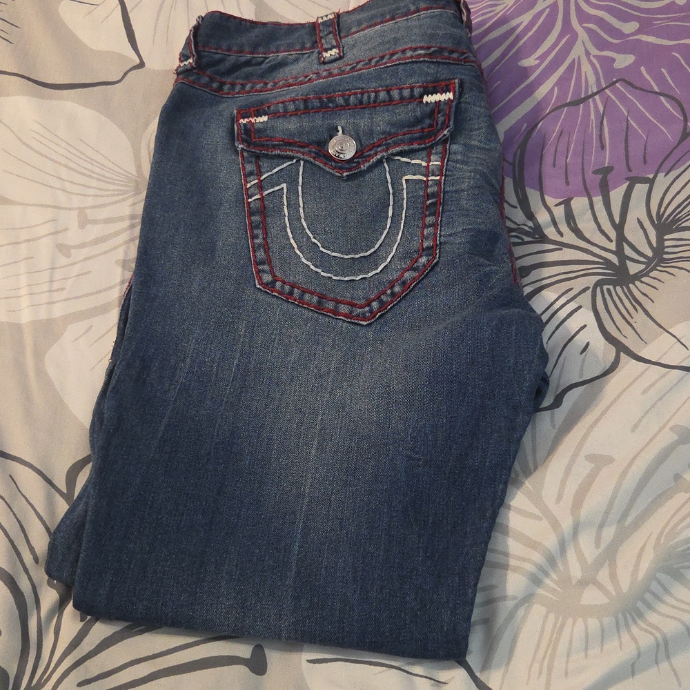 True Religion Dark Blue Jeans with Red Contrast Stitching - Picture 3 of 4
